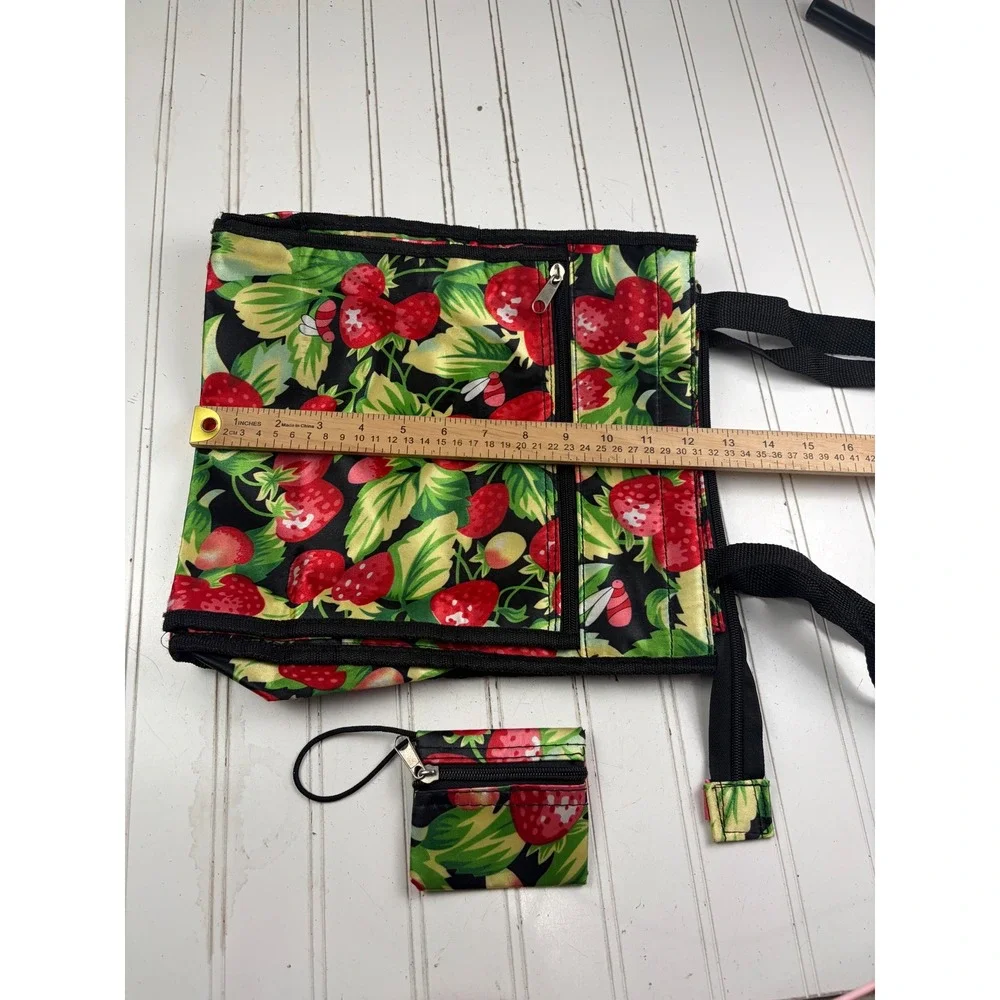 Vintage Y2K Strawberry Print Foldable Reusable Tote Shopping Bag with Coin Pouch